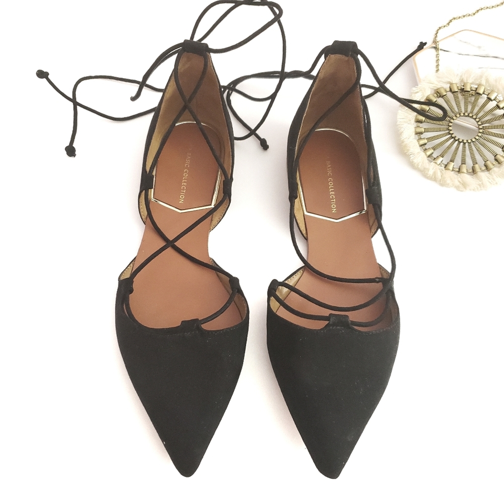 Zara Tie Up Suede Flats in Black Size 36